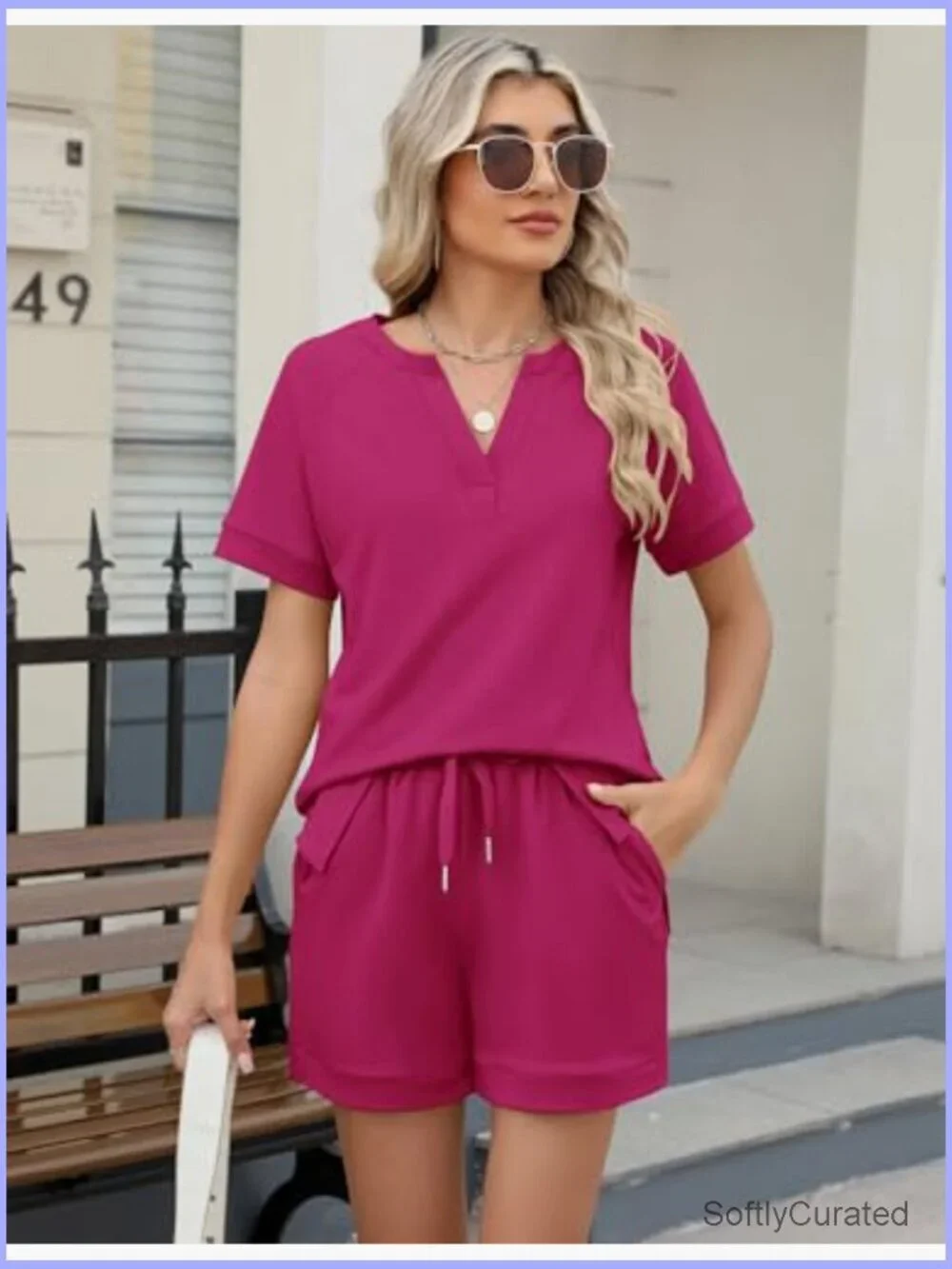 Two Piece Lounge Set Sweatsuit Shorts Summer Casual Matching Sets V Neck Tee